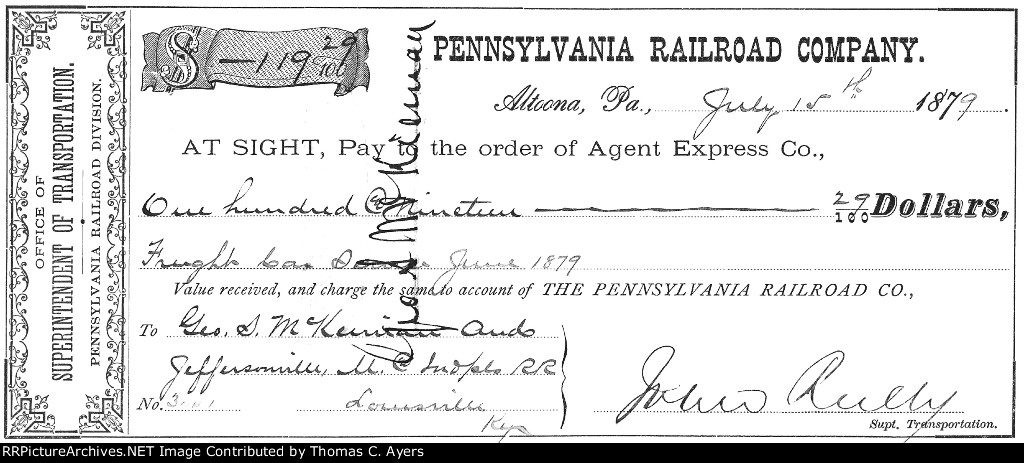 PRR Check, Front Side, 1879